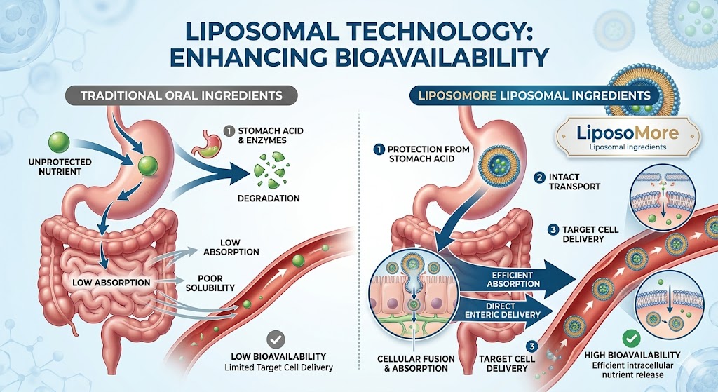 LiposoMore Liposomal ingredients improves the Bioavailability of ingredients